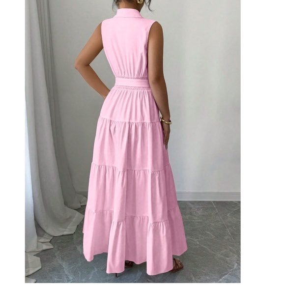 Solid Button Down Belted High Waisted Sleeveless Maxi Dress - Picture 3 of 8